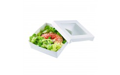 Boîte "Kray" carrée carton blanc avec couvercle à fenêtre en PLA de contenance 700 ml x 25 unités