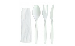 Kit couvert PLA blanc 4 en 1 emballage papier kraft: couteau fourchette cuillère serviette x 250 unités